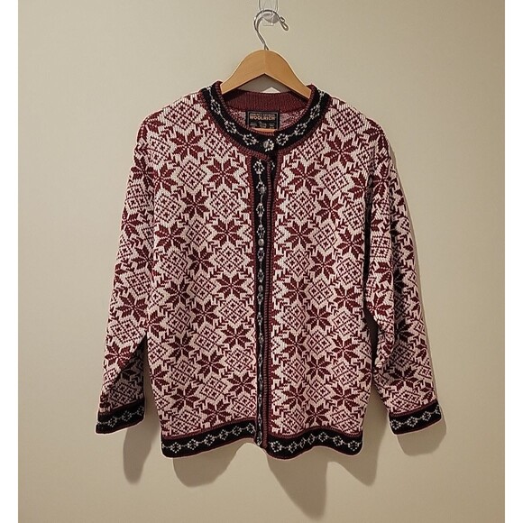 Woolrich Cardigan Sweater Wool Knit Blend Nordic Fair Isle Snowflake Print Red M - Picture 1 of 7